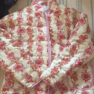 Amazon Essentials Cream and Pink Bomber Jacket with Floral Design